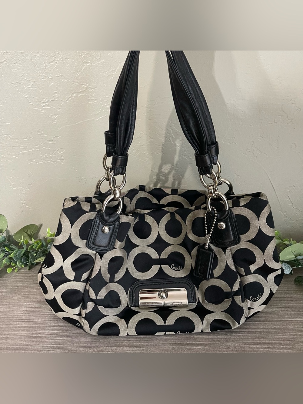 Coach Kristin Optic Art Sateen Shoulder Bag Black Canvas Jacquard Signature Hobo